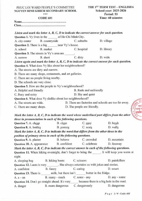 Đề thi Học kì 1 Tiếng Anh 6 năm 2025-2026 trường THCS Nguyễn Bỉnh Khiêm (Hà Nội)